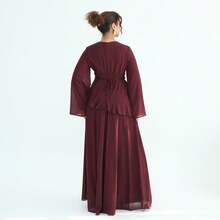 1Pcs Women's New Pure And Alluring High-End Round Neck Slim Fit Long Sleeve Dress - 酒紅色 - 查看 5