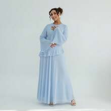 1Pcs Women's New Pure And Alluring High-End Round Neck Slim Fit Long Sleeve Dress - Xanh da trời - Xem 4
