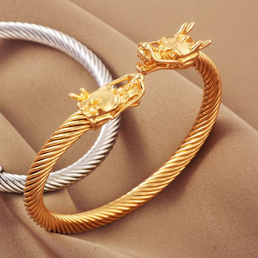 Vòng tay hình rồng hai đầu xoắn cổ điển, vòng tay thép titan hình rồng mạnh mẽ theo , trang sức may mắn. - vòng đeo tay - Xem 1