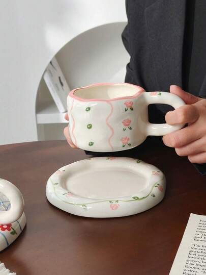 Bộ 1 tách và đĩa sứ hoa hồng, tách và đĩa sứ kiểu Châu Âu, tách và đĩa cà phê, tách và đĩa sứ, tách trà chiều chất lượng cao, tách sữa ăn sáng tại nhà, tách cà phê, tách nước, tách nước ép, tách quà tặng, đồ dùng uống, tách và đĩa
