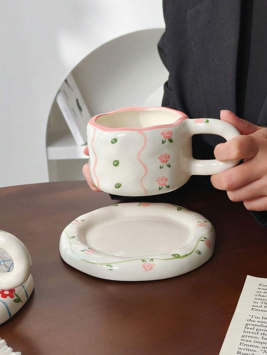 一套玫瑰陶瓷咖啡杯碟,欧式陶瓷杯碟,咖啡杯碟,陶瓷杯碟,高品质下午茶杯,家用早餐牛奶杯,咖啡杯,水杯,果汁杯,礼品杯,饮具,杯碟套装 - 彩色 - 查看 1