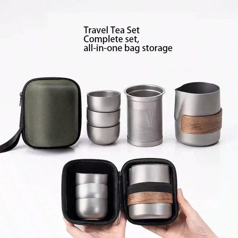 Set Teh Portabel Paduan Titanium untuk Perjalanan, Dilengkapi Teko dan Cangkir Teh Dinding Ganda, Perlengkapan Seduh Teh Ringan untuk Berkemah di Luar Ruangan - A - View 1