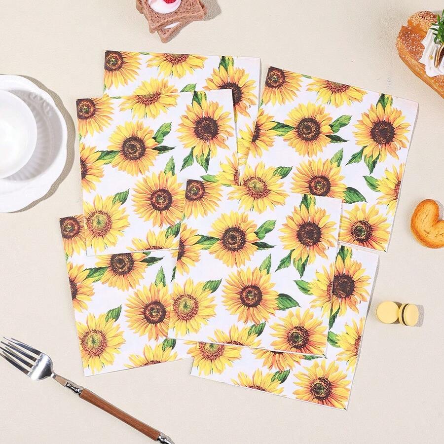 20 Stücke/40 Stücke/60 Stücke Sonnenblumen-Themen-Partydekorationen - Sonnenblumen-Servietten, 2-lagige Einweg-Papierservietten mit gelber Blumendekoration, perfekt für Sommer-Geburtstagspartys, Hochzeiten und andere Blumen-Themen-Partyartikel - Übersicht 1