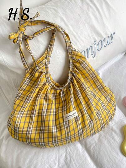 春夏新款格子单肩褶皱大容量复古休闲手提包，可折叠学院风百搭乡村风单肩包，适合大学生、日常通勤、购物、旅行、送女友、拍照等场合