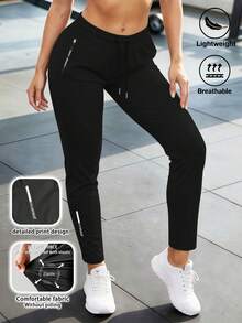 Pantalon de sport décontracté pour femmes, printemps/été. Taille élastique à cordon de serrage, séchage rapide, stretch léger et respirant. Convient pour l'entraînement, la remise en forme, le port quotidien, la maison, les loisirs et l'extérieur. Noir - Noir - Voir 4