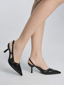 女士尖头漆皮搭扣设计时尚高跟鞋 - 黑色 - 查看 3