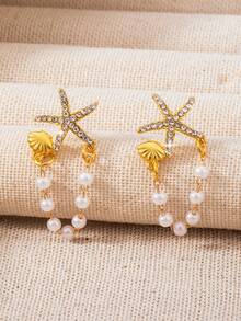 1 Pair European & American Summer Fashion Metal Starfish & Faux Pearl Tassel Earrings, Suitable For Girls To Wear During Vacation, Mother's Day Gift Kids Jewelry - Style 1 - View 6