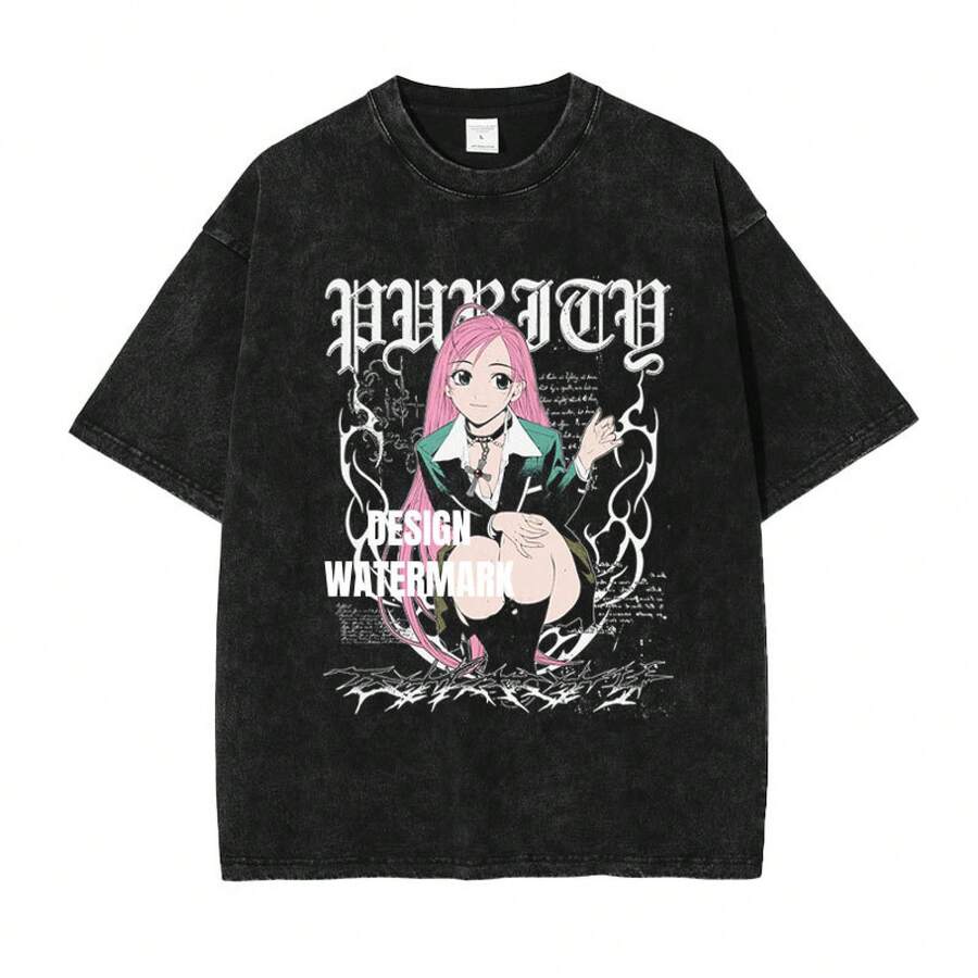 Nueva camiseta popular: Camiseta con estampado vintage deslavado de cruz y vampiro, estilo retro americano, manga corta Chiyomei, corte holgado para el verano.