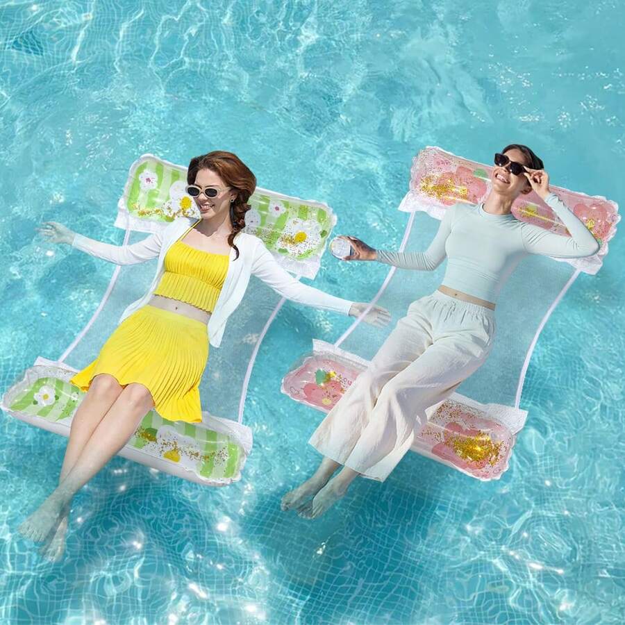 Inflatable Floating Lounger, Foldable Mesh Hammock, Outdoor Water Leisure Products, Portable Floating Bed, Water Mattress, Pool Inflatable, Beach Essentials, Pool Float - Sequined Flower Two-tube Hammock - View 1