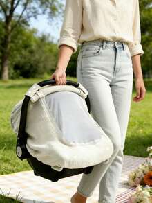 1pc Baby Basket Cover, Universal Breathable Sunshade Windproof Newborn Car Seat Cover, Soft & Skin-Friendly Stroller Canopy, Portable & Foldable Baby Carriage Accessories - 米色 - 查看 1