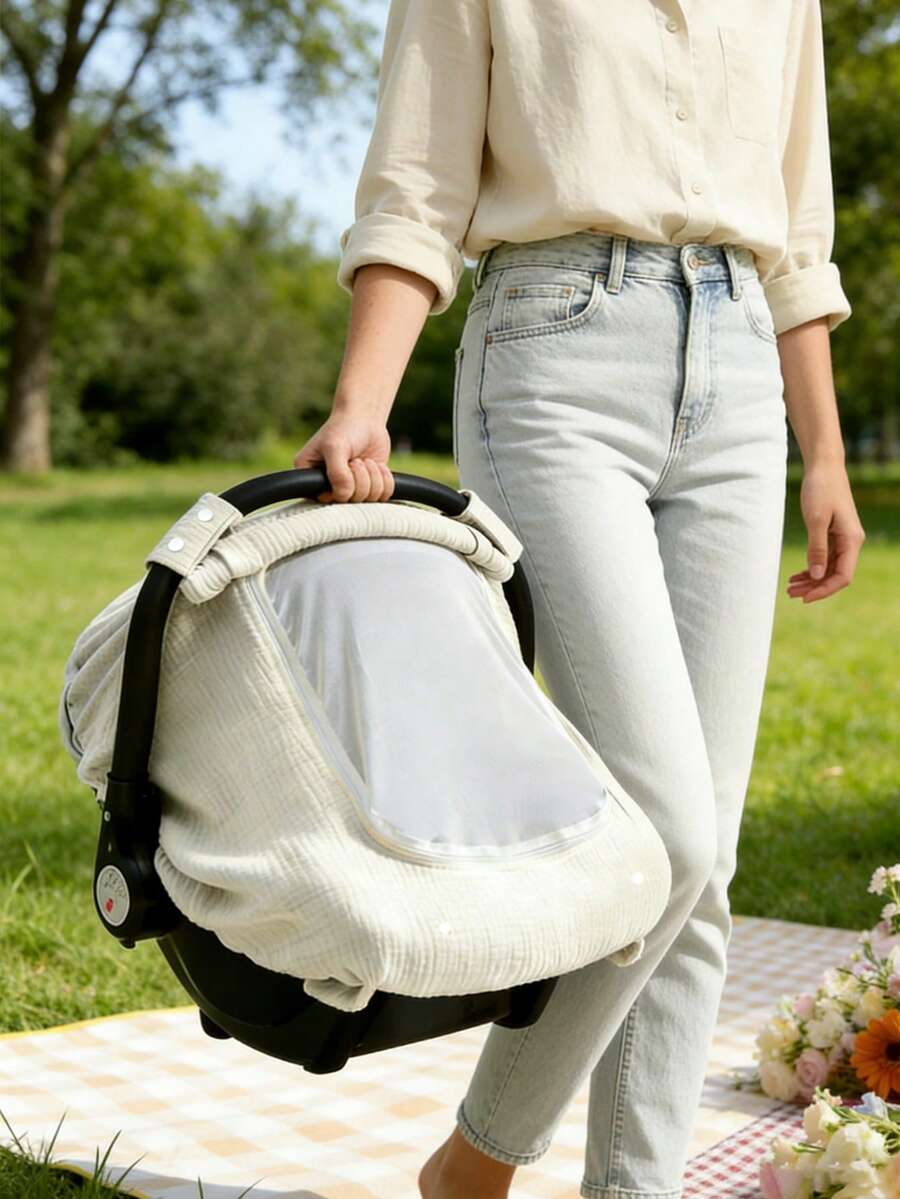 1pc Baby Basket Cover, Universal Breathable Sunshade Windproof Newborn Car Seat Cover, Soft & Skin-Friendly Stroller Canopy, Portable & Foldable Baby Carriage Accessories - 米色 - 查看 1