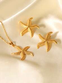 3件套不锈钢18K镀金海星项链耳环套装，女士时尚休闲海洋风，可叠戴，轻盈奢华，百搭日常配饰 - 彩色 - 查看 3