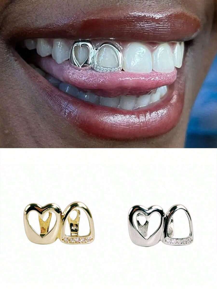 1 Set Unisex Hollow Gold & Silver Tooth Grillz, Suitable For Nightclub, Halloween, Christmas Wear - 1個(顏色隨機) - 查看 1