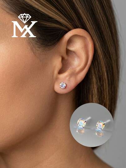 S925纯银极光耳钉，简约炫彩水晶耳钉，精致圆形单钻耳环，女士日常小巧首饰礼品
