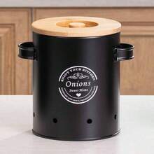 3pcs Potato & Onion Storage Containers With Handles, Garlic & Potato Storage Box Set, Wooden Lid Metal Cans, Kitchen Supplies - Multicolor - View 10