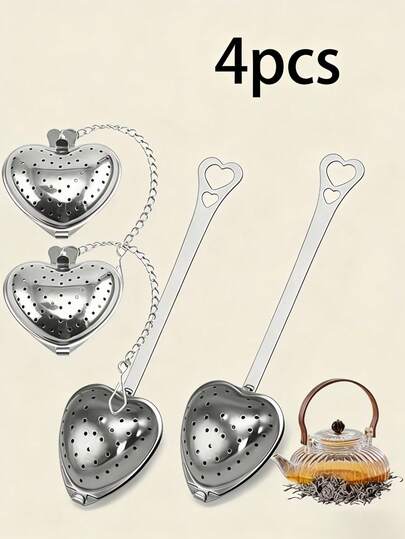 1/4pcs Stainless Steel Heart-Shaped Long Handle Tea Infuser, Suitable For Loose Leaf Tea Brewing, Leak-Proof Teapot, Tea Steeper, Essential For Kitchen And Dining, Great For Back To School, Valentine's Day, Wedding, Holiday Gifts, Party Decor, Kitchen Utensils