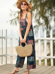 Bohemian Women's Loose Floral Bib Overall Jumpsuit With Pockets Patchwork Wide Leg Adjustable Strap Beach Vacation Outfits Summer - xanh lam-xanh lục - Xem 5