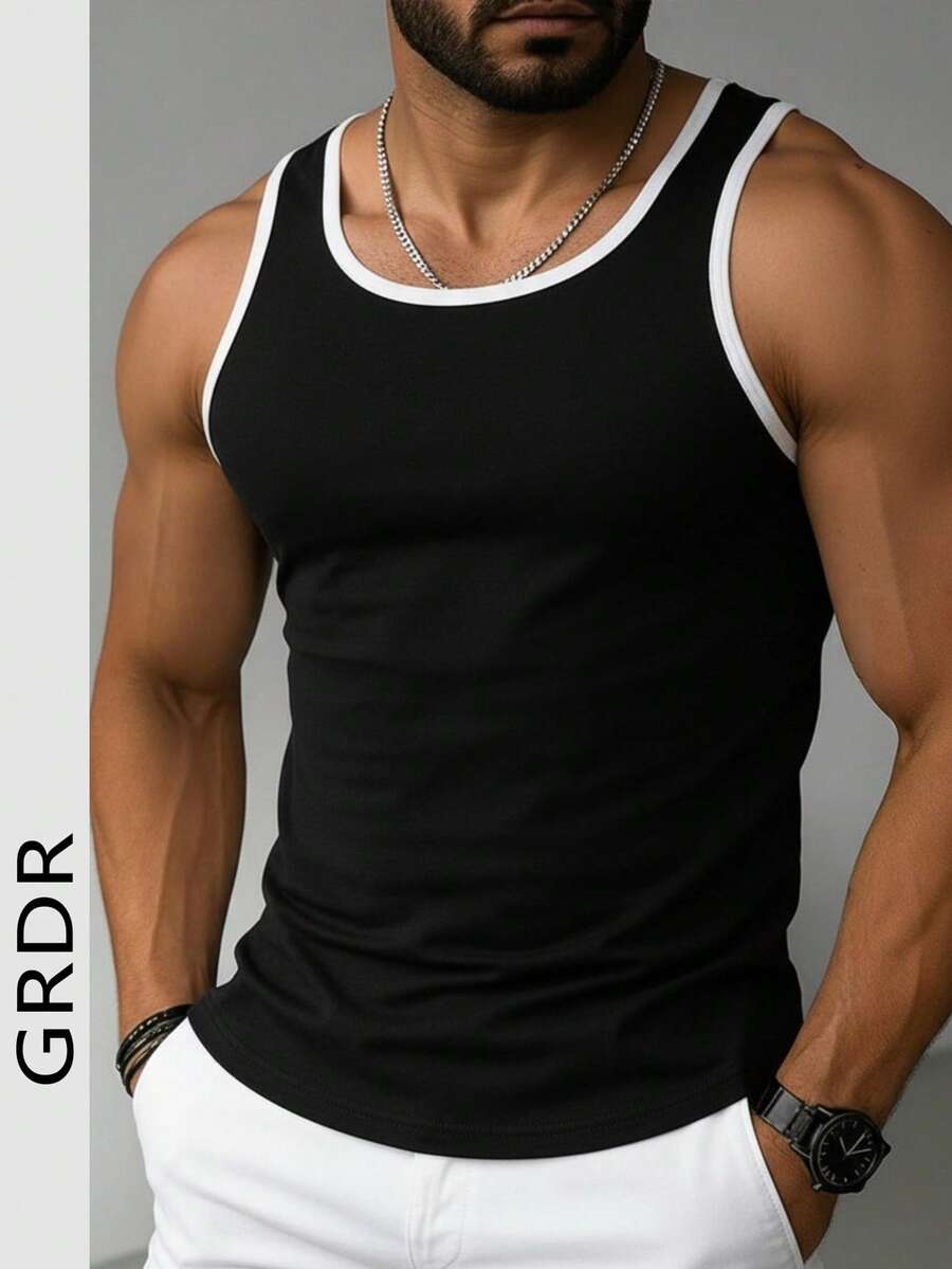 GRDR 夏季撞色滚边运动背心（男士），健身房无袖透气速干背心