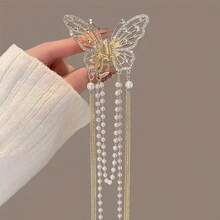 1pc New Butterfly Tassel Hollow Hair Clip, Elegant Butterfly Shaped Design With Rhinestones And Faux Pearl Tassels, Suitable For Ponytail And Updo Hairstyles, Adds A Graceful And Sweet Vibe To The Look Beach Accessories Hair Clips Summer Outfits Claw Clips Beach Hair Claws,Travel,Birthday - Multicolor - View 2