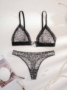 1 Conjunto de lencería de mujer con copa triangular inalámbrica, cierre frontal y estampado de leopardo en unicolor - Multicolor - Ver 4