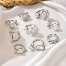 9 Pieces Open Pearl Ring Personalized Light Luxury Baroque Geometric Finger Ring For Women Daily Wear - Multicolor - View 9