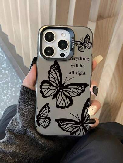 1pc Gradient Gray Background Black Line Butterfly & Inspirational Text Pattern Creative Cool Fashionable Phone Case, Suitable As Gift For Family, Friends, Yourself, Couples, Non-Slip Silver Surface, Protective Soft Shell Compatible With IPhone 17/16/15/14/13/12/11/7/8/XR/XS/Plus/Pro/Pro Max And Galaxy S/A Series