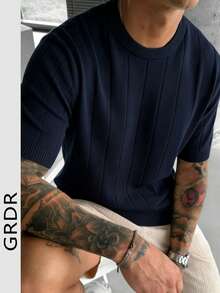 GRDR 男士夏季针织纯色罗纹短袖毛衣，运动休闲风，适合户外活动 - 藏蓝色 - 查看 4