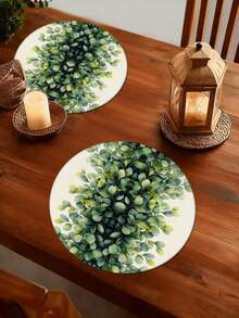 4 piezas/6 piezas Manteles individuales redondos con estampado de hojas verdes, decoración del hogar de temporada para primavera/verano, estilo moderno, material similar al lino, decoración del hogar y la cocina, suministros para fiestas interiores/exteriores, decoración con tema de verano - Multicolor - Ver 5