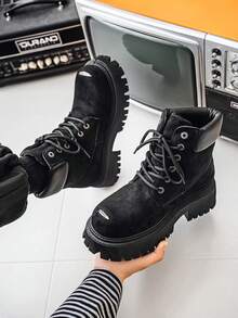 1 đôi bốt da cao cổ nam, đế dày, buộc dây kiểu punk, giúp tăng chiều cao, thích hợp cho mùa xuân, hè, thu và đông. - màu đen - Xem 3