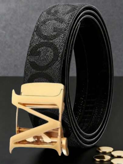 1 Piece Men's Alphabet Alloy Automatic Buckle Belt. This Belt Is A Carefully Selected High-End Option For Men, Blending Business Style With Fashion. It Is Durable, With A Length Of 120cm, And Suitable For Daily Wear As Well As Parties. This Jeans Belt Is An Ideal Choice For Gifting To Boyfriends, Fathers, And Friends.