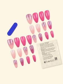 24pcs Press On Nails Medium French Nails Y2k Pink Nails Almond Glitter Pattern Simple Reusable Press On Acrylic Nails Fake Nails Supplies Free Of 24 Pieces Of Jelly Tabs And A Mini File - Pink - View 2