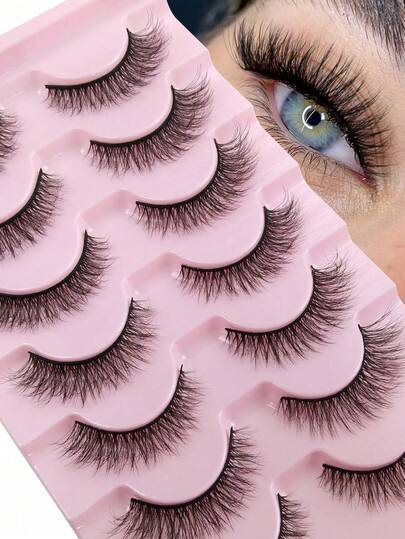 7 Pairs Super Soft Faux Mink Fur Natural Curly False Eyelashes, Soft & Thin Reusable Lashes, Black Thin Band Eyelashes