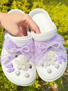 10pcs Purple Lace Bow Decorations, Suitable For Clogs, Sandals, Beach Shoes, Garden Shoes, DIY Accessories - Purple Lace Bow - View 6