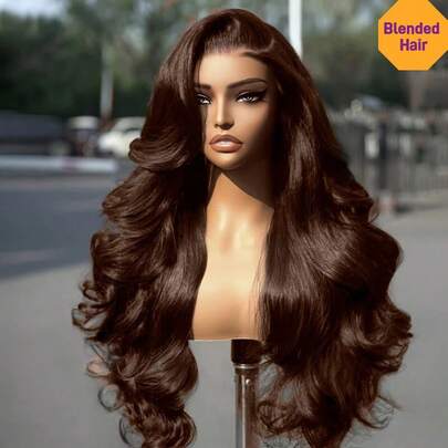 巧克力棕色水波纹13x4蕾丝前假发，预先拔毛，自然发际线，短款波波头波浪卷发，耐热合成纤维混纺人发，带婴儿发，适合女性，180%密度