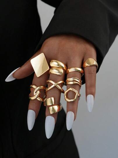 9pcs Women's Gold-Tone Ring Set, Vintage Fashion Exaggerated Geometric Asymmetrical Line Hollow Smooth Open Adjustable Multi-Piece Stacking Rings Set, Suitable For Ladies Holiday, Party, Date, Gift, Daily Matching