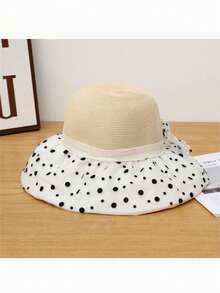 1pc Polka Dot Mesh Bow Straw Hat, Women Large Brim Sun Protection Hat, Foldable Beach Vacation Sun Hat, Spring/Summer - A - View 9