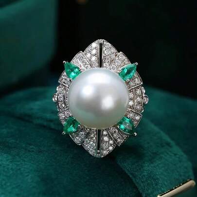 女士优雅复古绿色锆石圆形珍珠镀白金戒指，复古宫廷风格奢华戒指