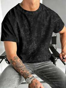 1 件男士全印花圆领休闲 T 恤，街头时尚百搭通勤嘻哈短袖上衣 - 霧霾藍 - 查看 2