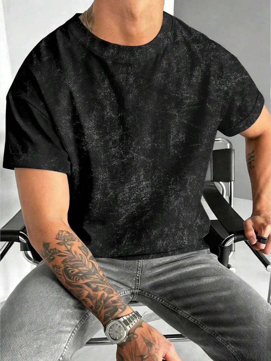 1 Pc Men's Full Print Round Neck Casual T-Shirt, Street Fashion Versatile Commute Hip-Hop Short Sleeve Top - Dusty Blue - View 1