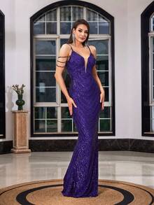 LOVE&LEMONADE Romantic Party Maxi Dress, Sleeveless Spaghetti Strap Sequins With Beaded Backless Design, Ideal For Prom And Formal Occasions - Dark Purple - View 5