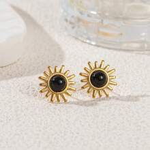 1 Pair 18K Gold Plated Stainless Steel Bohemian Sunflower & Tiger Eye Stone Earrings, Vintage High-End Fashion Earrings For Women - Gold - View 15