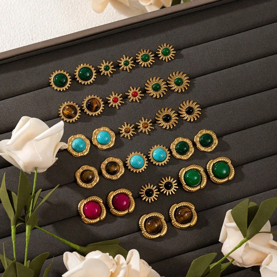 1 Pair 18K Gold Plated Stainless Steel Bohemian Sunflower & Tiger Eye Stone Earrings, Vintage High-End Fashion Earrings For Women - Gold - View 1