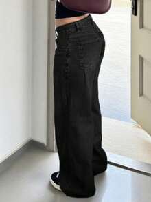 Petite Vintage Loose Fit Straight Leg Jeans, Black Relaxed Slimming Flare Pants - Black - View 2