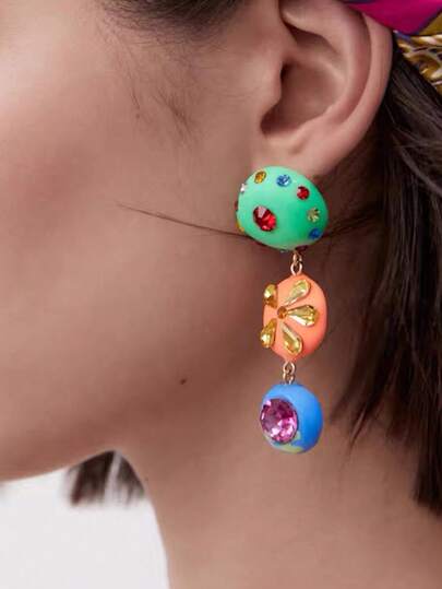 一对不对称树脂几何设计水钻镶嵌耳环，时尚创意女士配饰