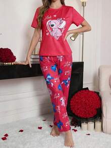 Disney Bộ đồ ngủ đôi 2 món cho ngày Valentine, bộ đồ ngủ nữ tay ngắn và quần dài mềm mại, đồ mặc nhà thoải mái thường ngày. - Đỏ - Xem 6