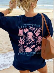 Women's Summer New Simple Cute Marine Life Print Casual Vacation Style Loose Versatile Round Neck White Short-Sleeved T-Shirt Fashionable Daily Tops Suitable For Daily Vacation Wear. Graphic Tees Women Pink Top-Unisex Comfortable Vintage Street Style Loose-Fit Washed T-Shirt - 藏蓝色 - 查看 2