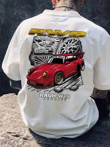 Men's Fashionable Casual Racecar Graphic Print Round Neck Short Sleeve T-Shirt, Versatile For Daily Wear - White - View 3