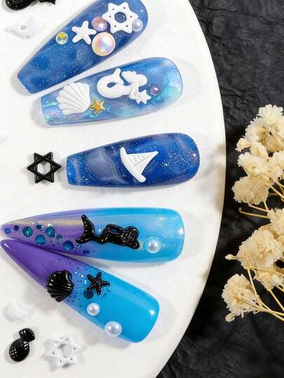 50Pcs/Bag Ocean Collection 3D Nail Art Decorations, Black & White Mermaid Starfish Shell Nail Charms,DIY Manicure Accessories