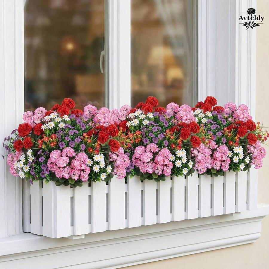 户外仿真花 | 春季混合鲜艳红粉天竺葵雏菊，抗紫外线仿真花，适用于门廊、露台、酒店、花园装饰、庭院、窗台花箱、悬挂装饰、春季装饰、乔迁、婚礼派对、周年纪念日。也适合复活节、母亲节、圣帕特里克节。 - 彩色 - 查看 1