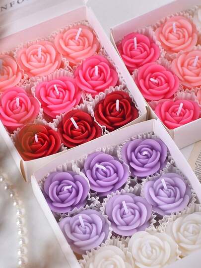 Set de 9/12 piezas (1 caja de 9 velas de flores de rosa), velas perfumadas, 2 velas de flores mini de color aleatorio, velas de cera de soja hechas a mano, velas de combinación de colores degradados, velas flotantes, decoración acuática, ambiente, para decoración del hogar, decoración de habitaciones, decoración de piscina, decoración de cumpleaños, decoración de mesas de comedor, decoración de restaurantes, banquetes, decoración navideña, regalo de invierno